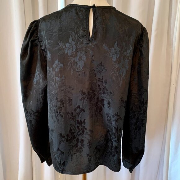Vintage 80s Black Satin Floral Brocade Blouse Lace Neckline Puff Long Sleeve XL - Picture 6 of 11
